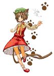  animal_ears bad_id bad_pixiv_id brown_eyes brown_hair cat_ears cat_tail chen chomoran dress earrings hat highres jewelry multiple_tails paw_print short_hair solo tail touhou 