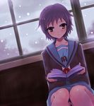  book brown_eyes cardigan kasai_shin kita_high_school_uniform nagato_yuki purple_hair reading school_uniform serafuku short_hair sitting snow solo suzumiya_haruhi_no_yuuutsu window 