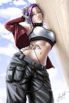  cargo_pants choker collar eyebrow_piercing headphones jewelry jon_kneeland navel navel_piercing original pants piercing purple_hair short_hair solo tattoo 