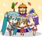  aqua_hair chibi chibi_miku crossover facial_hair general_vamp hatsune_miku helmet hidamari_sketch hiiragi_tsukasa holding_hands lucky_star minami_(colorful_palette) multiple_girls mustache tentai_senshi_sunred thighhighs twintails vocaloid yuno 