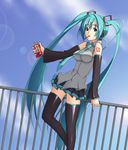  aqua_hair blue_eyes day detached_sleeves food hatsune_miku lens_flare long_hair mouth_hold necktie pocky railing rakuhashi skirt sky solo thighhighs twintails very_long_hair vocaloid zettai_ryouiki 