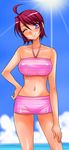  ahoge bikini day gundam gundam_seed gundam_seed_destiny lunamaria_hawke midriff navel one_eye_closed purple_eyes red_hair short_hair smile solo swimsuit tooru_jin water 