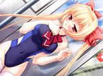  ascot blonde_hair blush competition_swimsuit dutch_angle game_cg long_hair non-web_source one-piece_swimsuit red_eyes solo sukumizu_chikan_densha swimsuit thighhighs twintails 