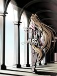  animal_ears arms_behind_back brown_hair colonnade column from_behind holo kotetsu_motoya long_hair looking_to_the_side pants pillar shadow solo spice_and_wolf tail very_long_hair walking wheat wolf_ears wolf_tail 
