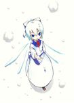  bad_id bad_pixiv_id blue_eyes blush chomoran cirno dress fairy fairy_wings from_above full_body ice ice_wings long_sleeves red_ribbon ribbon silver_hair simple_background solo touhou white_background white_dress wings 