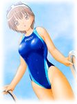  brown_hair competition_swimsuit from_below goggles looking_down oka_takeshi one-piece_swimsuit orange_eyes original short_hair solo swimsuit wet 