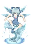  blue_eyes blue_hair blush cirno crystal full_body ice ice_wings kneehighs looking_at_viewer puffy_short_sleeves puffy_sleeves short_hair short_sleeves sitting solo spread_legs sutagu touhou white_background white_legwear wings 