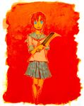  bad_id bad_pixiv_id blue_eyes blue_skirt border chomoran cropped_legs hatchet higurashi_no_naku_koro_ni looking_at_viewer nose_hatchet pleated_skirt red_background red_hair ryuuguu_rena sailor_collar school_uniform serafuku short_hair simple_background skirt solo standing 