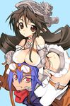  1girl bad_id bad_pixiv_id black_hair breast_rest breasts breasts_on_head brown_eyes brown_hair cleavage copyright_request goggles hat large_breasts long_hair pointy_ears sanbasou skirt thighhighs 