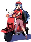  blue_hair blue_oni clothes_writing demon_girl employee_uniform fast_food_uniform green_eyes ground_vehicle hima horn long_hair momotarou_densetsu motor_vehicle oni pizza_delivery pizza_hut pointy_ears scooter skirt solo twintails uniform visor_cap yasha 