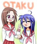  ahoge blue_hair brown_hair closed_eyes glasses izumi_konata lucky_star mole mole_under_eye multiple_girls non-web_source pink_neckwear purple_eyes ryouou_school_uniform school_uniform serafuku tamura_hiyori 