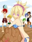  4boys adell_(disgaea) akutare_(disgaea) artist_request ball beach bikini blonde_hair brown_hair crab crustacean disgaea female_warrior_(disgaea) green_hair makai_senki_disgaea_2 male_warrior_(disgaea) multiple_boys multiple_girls red_hair rozalin samurai_(disgaea) shorts swimsuit 