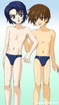  athrun_zala bad_id bad_pixiv_id blue_hair brown_hair child green_eyes gundam gundam_seed kira_yamato long_hair male_focus male_swimwear multiple_boys purple_eyes swim_briefs swimwear torajimaneko 