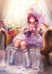  couch flower lolita_fashion long_hair original petals sitting solo veil window yoru_(xueyinye) 