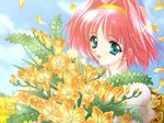  blue_eyes bouquet carnelian day felia flower freesia_(flower) hair_intakes hairband non-web_source outdoors petals pink_hair princess_memory short_hair signature sky solo wallpaper 