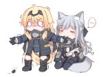  ... 2girls ak-12_(girls_frontline) an-94_(girls_frontline) animal_ear_fluff animal_ears between_legs blush boots bug cat_ears cat_tail cockroach commentary eyebrows_visible_through_hair eyes_closed girls_frontline gloves highres holding insect long_hair long_sleeves multiple_girls seiza silver_hair simple_background sitting spoken_ellipsis tail tail_between_legs white_background yuutama2804 