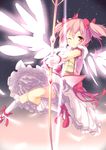  ahoge aiming bobby_socks bow bow_(weapon) bubble_skirt choker gloves hair_bow kaname_madoka kneehighs magical_girl mahou_shoujo_madoka_magica mokoke one_eye_closed outstretched_arm pink_eyes pink_hair short_hair short_twintails skirt socks solo twintails weapon white_gloves white_legwear wings 