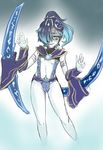  :p alternate_costume aqua_eyes blade breasts genderswap genderswap_(mtf) gradient_hair hair_over_one_eye highres league_of_legends multicolored_hair nam_(valckiry) navel no_feet nocturne_(league_of_legends) personification ponytail small_breasts solo tongue tongue_out weapon 