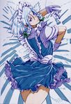  bad_id bad_pixiv_id blue_eyes braid from_behind gloves izayoi_sakuya knife looking_back maid maid_headdress ribbon short_hair silver_hair solo torichamaru touhou twin_braids white_gloves 