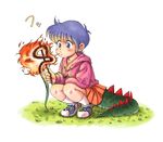  blue_hair breathing_fire cooking dragon_girl dragon_tail fire full_body original oyatsu_(mk2) short_hair simple_background skirt snake solo squatting tail white_background 