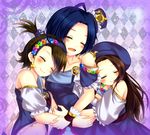  blue_hair brown_hair earrings futami_ami hairband hat hug idolmaster idolmaster_(classic) jewelry long_hair minase_iori miura_azusa multiple_girls palace_of_dragon_(idolmaster) ryuuguu_komachi saotome_mirai short_hair side_ponytail smile 