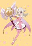  boots fate/kaleid_liner_prisma_illya fate_(series) feathers hair_feathers harikona holding holding_wand illyasviel_von_einzbern kaleidostick long_hair magical_girl one_eye_closed pink_footwear prisma_illya red_eyes solo star thigh_boots thighhighs wand white_hair 