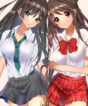  bow brown_hair collarbone dress_shirt green_eyes idolmaster idolmaster_cinderella_girls long_hair lowres matarou_(genkai_toppa) multiple_girls necktie no_cardigan no_jacket plaid plaid_skirt pleated_skirt shibuya_rin shimamura_uzuki shirt short_sleeves skirt very_long_hair white_background yellow_eyes 