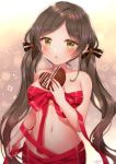  1girl :o black_bow blush bow breasts brown_hair chocolate chocolate_heart collarbone commentary_request food green_eyes hair_bow hand_up heart holding holding_food long_hair looking_at_viewer medium_breasts naked_ribbon naomi_(fantasia) navel original parted_lips red_ribbon ribbon sidelocks signature solo standing stomach twintails upper_body valentine very_long_hair wavy_hair 