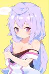  1boy bare_shoulders black_tank_top blue_hair blush hacka_doll hacka_doll_3 highres long_hair low_twintails off_shoulder purple_eyes shirt simple_background solo spoken_blush tank_top trap twintails undressing white_shirt yellow_background zeru_(wisel_army) 