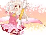  dress elbow_gloves fate/kaleid_liner_prisma_illya fate_(series) feathers foreshortening gloves hair_feathers illyasviel_von_einzbern kaleidostick long_hair magical_girl prisma_illya red_eyes solo thighhighs tousei two_side_up wand white_hair 