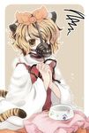  animal_ears bad_id bad_pixiv_id biyon blonde_hair bowl brown_hair hair_ornament hands_clasped interlocked_fingers kemonomimi_mode long_sleeves multicolored_hair muzzle own_hands_together paw_print pet_bowl pillow shirt sitting solo squiggle tail tiger_ears tiger_tail toramaru_shou touhou two-tone_hair vest wide_sleeves yellow_eyes 