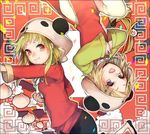  ayatoki-1 bad_id bad_pixiv_id blonde_hair blue_eyes china_dress chinese_clothes dress green_hair gumi hair_ornament hairclip highres kagamine_rin looking_at_viewer multiple_girls open_mouth panda_hat red_eyes short_hair smile upside-down vocaloid yie_ar_fan_club_(vocaloid) 