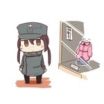  brown_eyes brown_hair chibi dress gertrud_barkhorn hat honda_takashi_(enorea) military military_uniform short_twintails solo strike_witches twintails uniform world_witches_series 