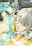  clear_(dramatical_murder) dramatical_murder gloves jar jellyfish male_focus mole red_eyes seragaki_aoba smile solo white_hair wirttian 