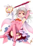  boots dress elbow_gloves fate/kaleid_liner_prisma_illya fate_(series) feathers gloves hair_feathers highres holding holding_wand illyasviel_von_einzbern kaleidostick konkito long_hair magical_girl pink_footwear prisma_illya red_eyes silver_hair solo thigh_boots thighhighs wand 