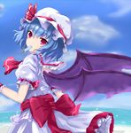  bad_id bad_pixiv_id bat_wings blue_hair food hat hat_ribbon ice_cream looking_back mob_cap red_eyes remilia_scarlet ribbon seaside solo touhou white_crow wings 