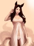  ahri animal_ears bad_id bad_pixiv_id breasts brown_eyes brown_hair cleavage facial_mark fox_ears fox_tail league_of_legends lipstick long_hair makeup medium_breasts multiple_tails nightgown panties preter solo tail underwear whisker_markings 