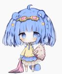  1girl :o animal_ears bangs barefoot blanket blue_bow blue_eyes blue_hair blue_neckwear blush bow chibi collared_shirt commentary_request cottontailtokki eyebrows_visible_through_hair eyewear_on_head frilled_pillow frills full_body grey_background hair_ornament highres holding_blanket long_sleeves necktie original parted_lips pillow pillow_hug pink-tinted_eyewear shirt simple_background skirt solo standing star star_hair_ornament tail white_skirt yellow-framed_eyewear yellow_shirt 