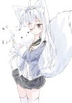  1girl ;o ahoge animal animal_ear_fluff animal_ears bangs black_sailor_collar black_skirt blue_jacket blush cat commentary_request eyebrows_visible_through_hair fox_ears fox_girl fox_tail grey_eyes hair_between_eyes hair_intakes highres holding holding_animal holding_cat jacket long_hair long_sleeves one_eye_closed original parted_lips ping_myu_ring_(tandohark) pleated_skirt sailor_collar shirt simple_background skindentation skirt sleeves_past_wrists solo tail tail_raised tandohark thighhighs very_long_hair white_background white_hair white_legwear white_shirt 