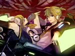  1girl blonde_hair blue_eyes brother_and_sister guitar hair_ornament hair_ribbon hairclip headphones instrument kagamine_len kagamine_rin microphone_stand necktie ribbon ryou_(fallxalice) short_hair shorts siblings smile twins twintails vocaloid 