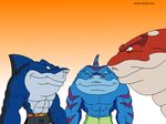  abs anthro belt biceps blue_eyes blue_skin body_markings brothers brown_eyes clothing dorsal_fin fin fish fishmen great_white_shark grey_skin hybrid male marine markings maxime-jeanne muscles mutant orange_skin pants pecs pose purple_skin ripster ripster_(street_sharks) scales scalie shark shorts sibling slammu slammu_(street_sharks) standing street_sharks streex streex_(street_sharks) stripes tiger_shark topless whale_shark 