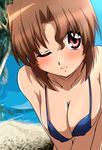  1girl bare_shoulders beach bikini blush breasts brown_hair cleavage folded_ponytail hayate_no_gotoku! long_hair maria maria_(hayate_no_gotoku!) ocean red_eyes sea senga81 sky smile solo swimsuit wink 