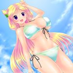  1girl arm_up bikini blonde_hair breasts female kogarashi_(wind_of_winter) large_breasts long_hair navel open_mouth original purple_eyes smile solo swimsuit thighs very_long_hair 