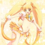  blonde_hair bow breasts choker cure_sunshine hair_ribbon heart heartcatch_precure! kuune_rin long_hair looking_at_viewer magical_girl midriff myoudouin_itsuki navel open_mouth orange_bow orange_choker outstretched_arms precure ribbon skirt small_breasts solo twintails underboob yellow_background yellow_bow yellow_eyes 
