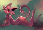  anthro barefoot big_eyes breast_squish breasts dahliabee eeveelution espeon female hairless looking_at_viewer lying nintendo nipples on_front paws pink_body pink_skin pok&#233;mon pok&#233;morph pok&eacute;mon pokemon pose red_eyes seductive side_boob side_view solo video_games 