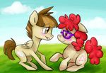  blush brown_eyes brown_feathers brown_fur brown_hair cloud clouds cub cutie_mark duo equine eye_contact eyewear featherweight_(mlp) female feral friendship_is_magic fur glasses grass hahasauce hair horse male mammal my_little_pony outside pegasus pink_eyes pony red_hair sky twist_(mlp) wings young 