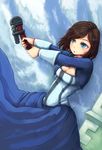  bioshock bioshock_infinite blue_eyes blue_sky breasts brown_hair cleavage cloud day dress elizabeth_(bioshock_infinite) hirohiran medium_breasts short_hair sky solo wrench 