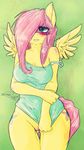  anthro anthrofied blue_eyes blush bottomless clothing cutie_mark dimwitdog equine female fluttershy_(mlp) friendship_is_magic fur hair hair_over_eye horse mammal my_little_pony pegasus pink_hair pony pussy solo wings yellow_fur 