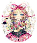  black_shirt blonde_hair blue_eyes blush bouquet doll eyelashes feet flower hair_ribbon hands happy looking_at_viewer medicine_melancholy open_mouth red_skirt ribbon shirt short_hair skirt smile solo su-san takatora touhou wings 