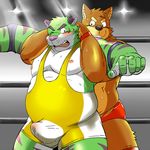  anthro biceps big_muscles blush bulge canine chubby cum dog duo feline fighting_ring fur gay green_fur male mammal musclegut muscles nipples one_eye_closed pecs secretly_loves_it shiba-kenta shiba_inu speedo stain sweat swimsuit tiger vpl wet_spot wrestler wrestling wrestling_singlet 